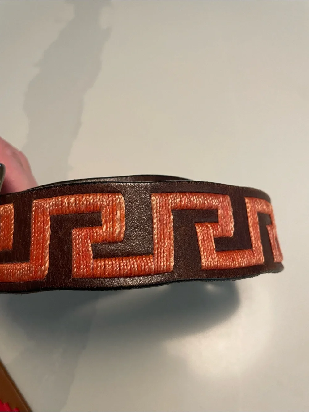 Tato’s  Men's Brown Leather Polo  Belt with Orange Geometric Embroidery 38